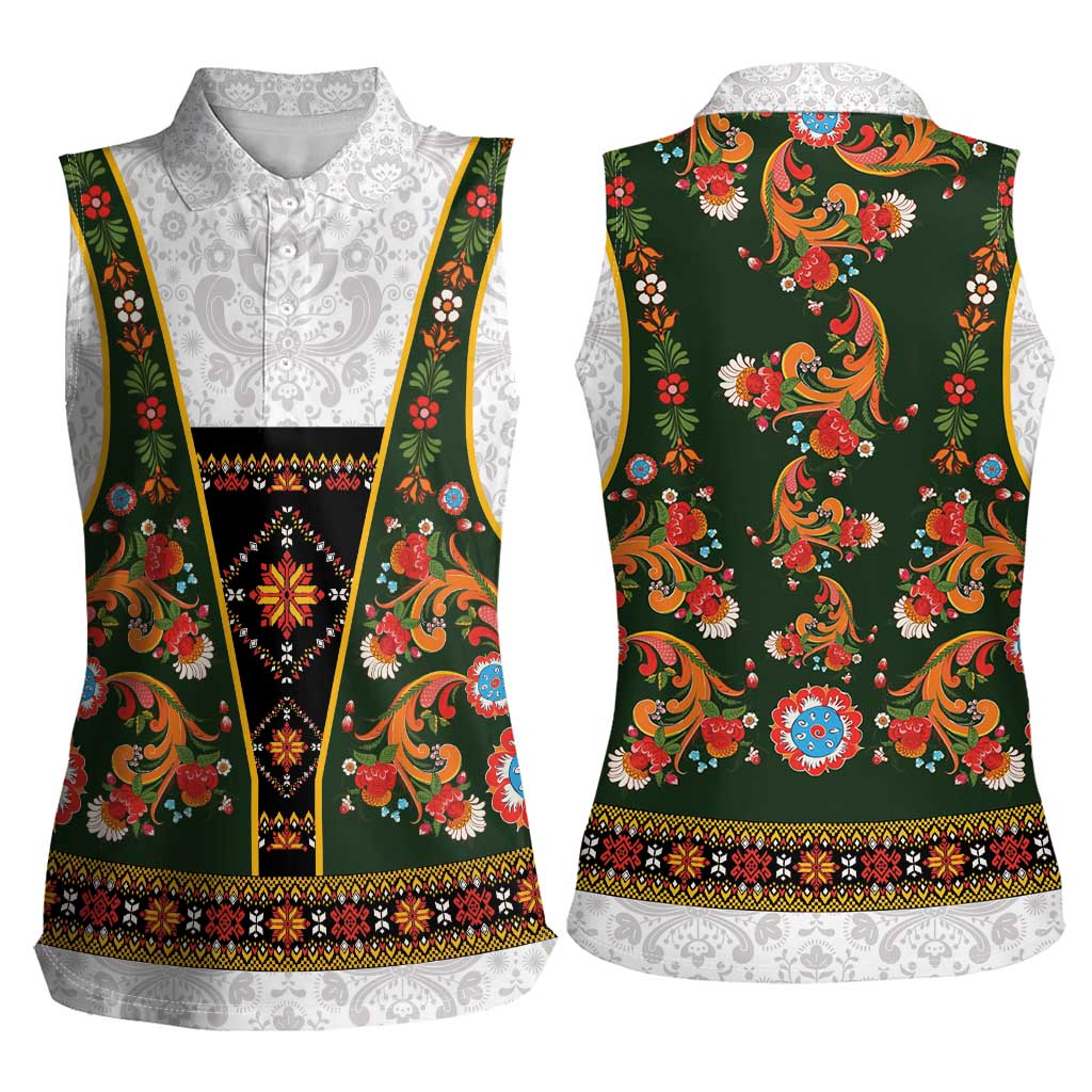 Norwegian Female Bunad Women Sleeveless Polo Shirt with Rosemaling Folk Art Green Color - Wonder Print Shop