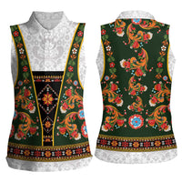 Norwegian Female Bunad Women Sleeveless Polo Shirt with Rosemaling Folk Art Green Color - Wonder Print Shop