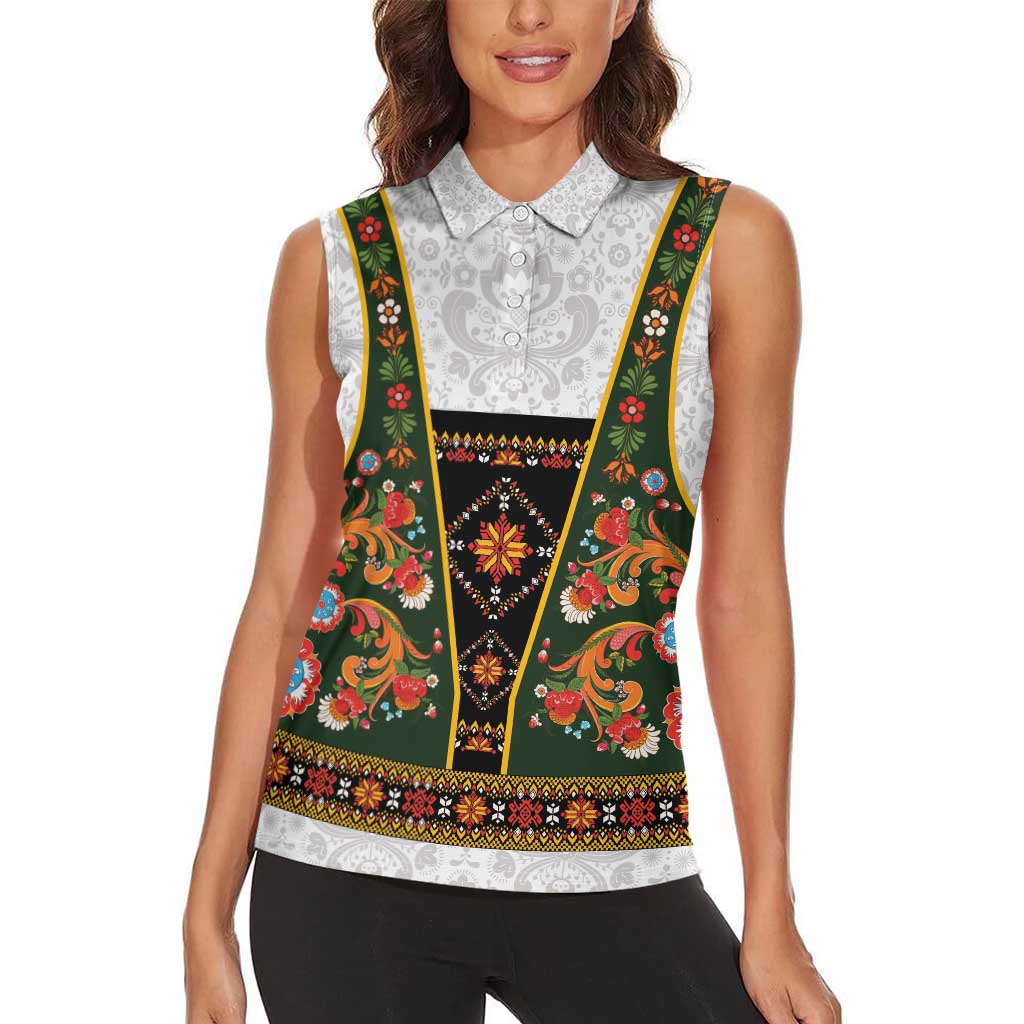 Norwegian Female Bunad Women Sleeveless Polo Shirt with Rosemaling Folk Art Green Color - Wonder Print Shop