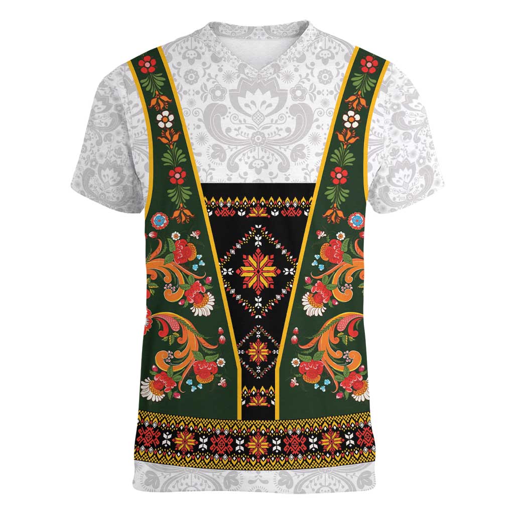 Norwegian Female Bunad Women V-Neck T-Shirt with Rosemaling Folk Art Green Color - Wonder Print Shop