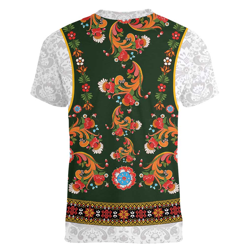 Norwegian Female Bunad Women V-Neck T-Shirt with Rosemaling Folk Art Green Color - Wonder Print Shop