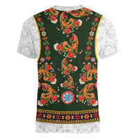 Norwegian Female Bunad Women V-Neck T-Shirt with Rosemaling Folk Art Green Color - Wonder Print Shop