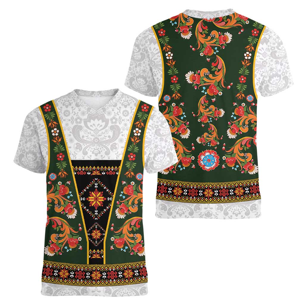 Norwegian Female Bunad Women V-Neck T-Shirt with Rosemaling Folk Art Green Color - Wonder Print Shop