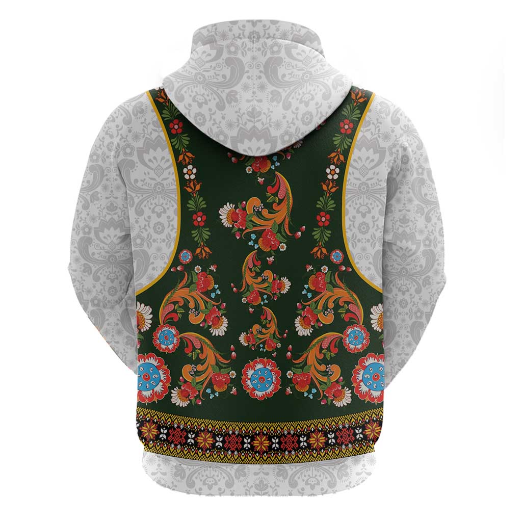 Norwegian Female Bunad Zip Hoodie with Rosemaling Folk Art Green Color - Wonder Print Shop