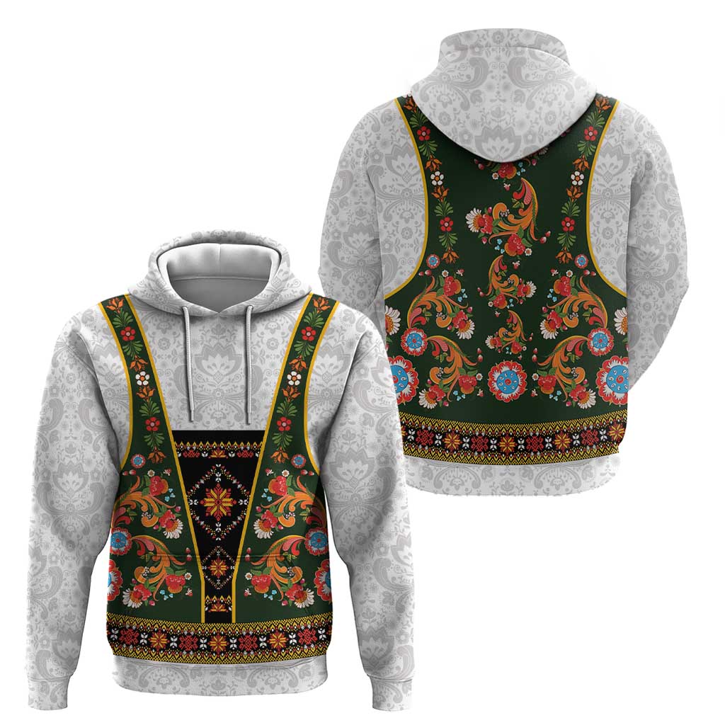 Norwegian Female Bunad Zip Hoodie with Rosemaling Folk Art Green Color - Wonder Print Shop