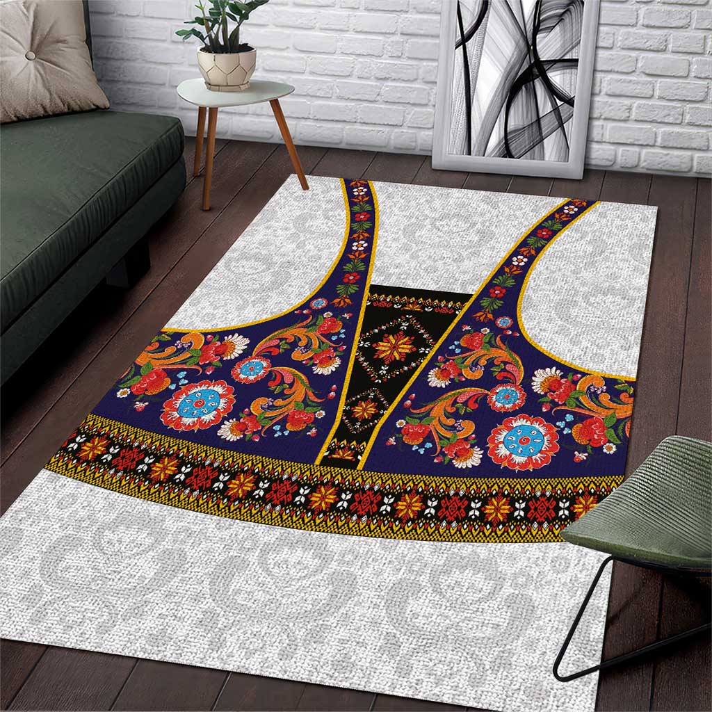 Norwegian Female Bunad Area Rug with Rosemaling Folk Art Navy Color - Wonder Print Shop