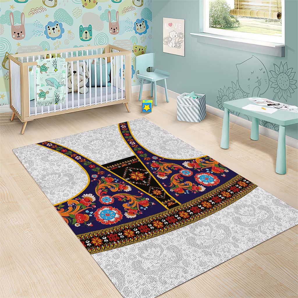 Norwegian Female Bunad Area Rug with Rosemaling Folk Art Navy Color - Wonder Print Shop