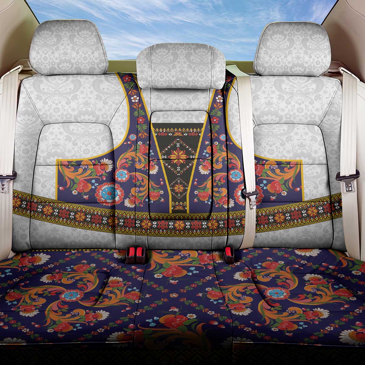 Norwegian Female Bunad Back Car Seat Cover with Rosemaling Folk Art Navy Color - Wonder Print Shop