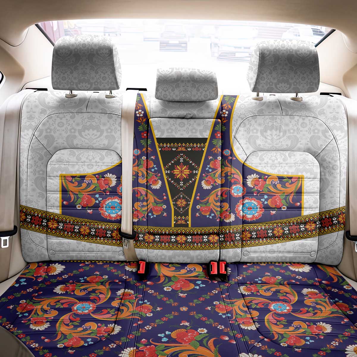 Norwegian Female Bunad Back Car Seat Cover with Rosemaling Folk Art Navy Color - Wonder Print Shop