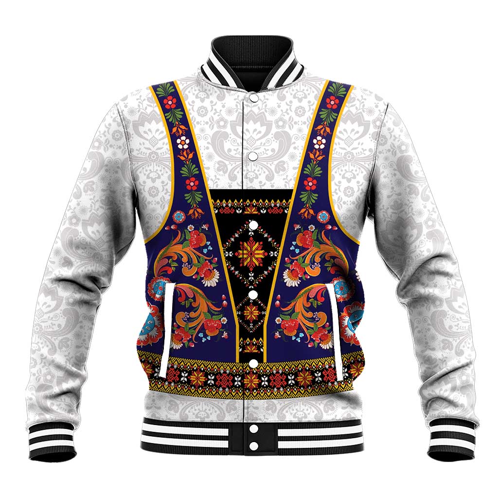 Norwegian Female Bunad Baseball Jacket with Rosemaling Folk Art Navy Color - Wonder Print Shop