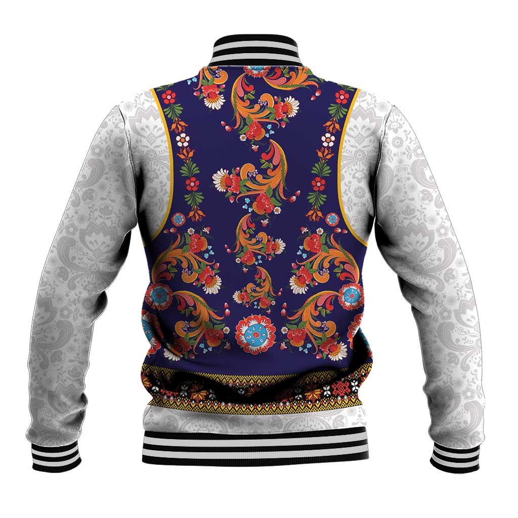 Norwegian Female Bunad Baseball Jacket with Rosemaling Folk Art Navy Color - Wonder Print Shop
