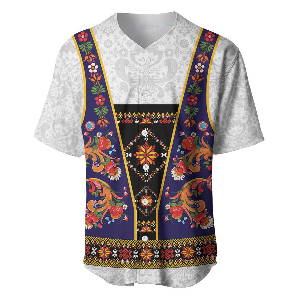 Norwegian Female Bunad Baseball Jersey with Rosemaling Folk Art Navy Color - Wonder Print Shop