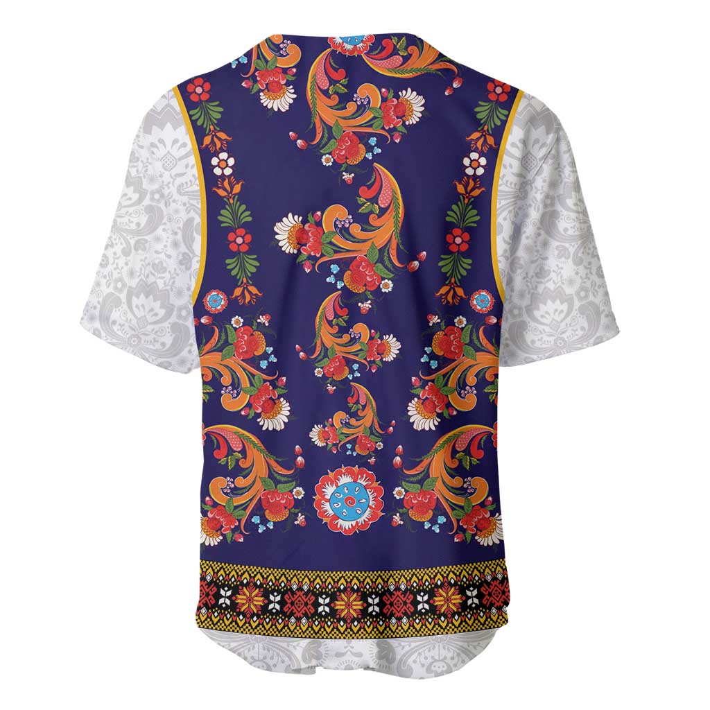 Norwegian Female Bunad Baseball Jersey with Rosemaling Folk Art Navy Color - Wonder Print Shop
