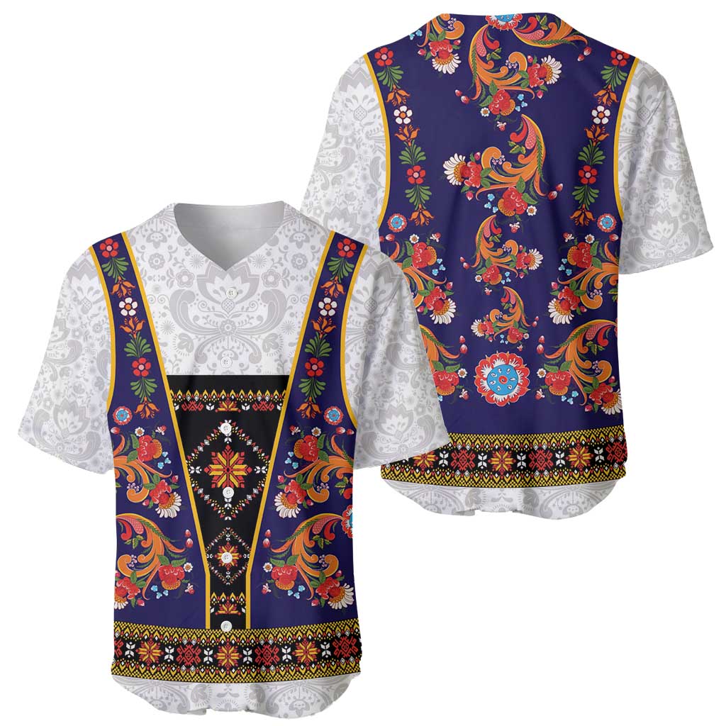 Norwegian Female Bunad Baseball Jersey with Rosemaling Folk Art Navy Color - Wonder Print Shop
