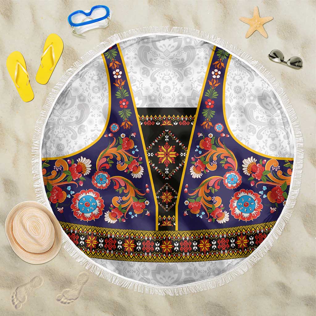 Norwegian Female Bunad Beach Blanket with Rosemaling Folk Art Navy Color - Wonder Print Shop