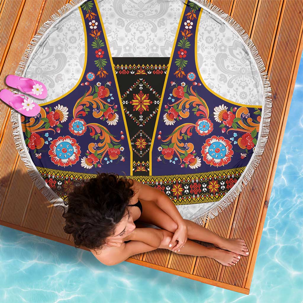 Norwegian Female Bunad Beach Blanket with Rosemaling Folk Art Navy Color - Wonder Print Shop