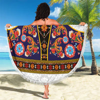 Norwegian Female Bunad Beach Blanket with Rosemaling Folk Art Navy Color - Wonder Print Shop