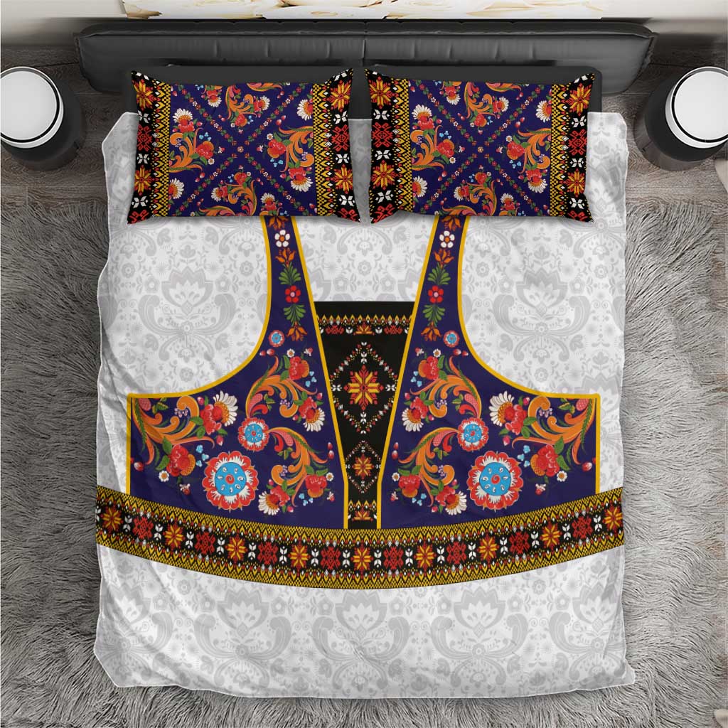 Norwegian Female Bunad Bedding Set with Rosemaling Folk Art Navy Color - Wonder Print Shop