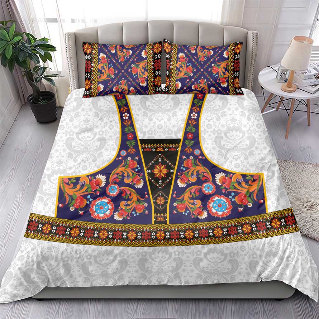 Norwegian Female Bunad Bedding Set with Rosemaling Folk Art Navy Color - Wonder Print Shop