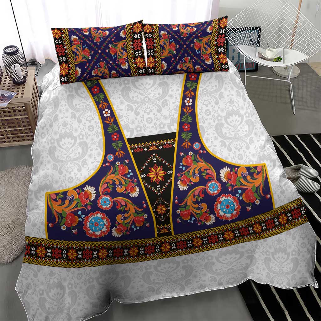 Norwegian Female Bunad Bedding Set with Rosemaling Folk Art Navy Color - Wonder Print Shop