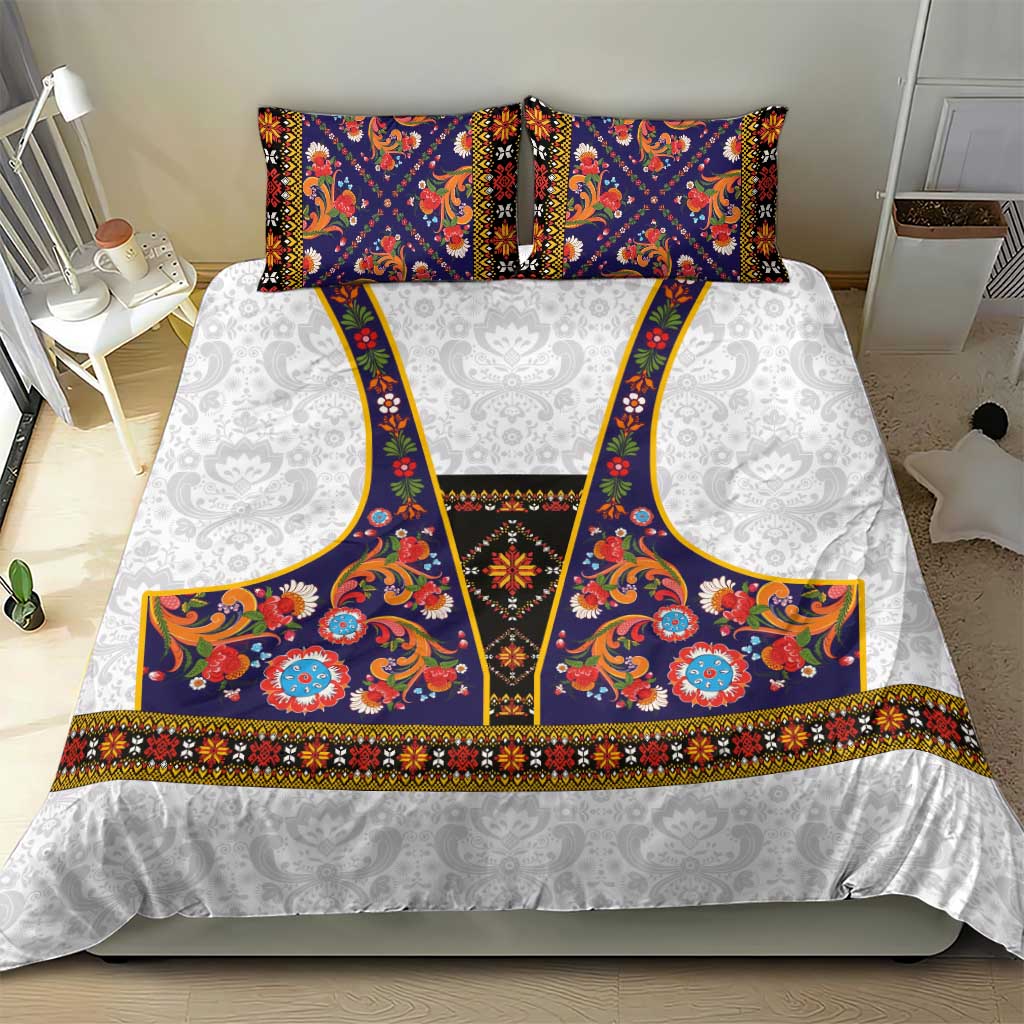 Norwegian Female Bunad Bedding Set with Rosemaling Folk Art Navy Color - Wonder Print Shop