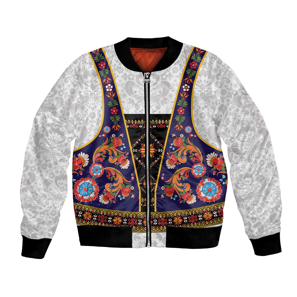 Norwegian Female Bunad Bomber Jacket with Rosemaling Folk Art Navy Color - Wonder Print Shop