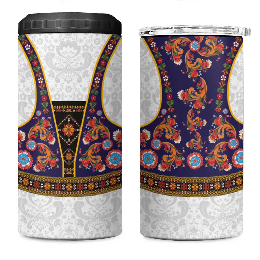 Norwegian Female Bunad 4 in 1 Can Cooler Tumbler with Rosemaling Folk Art Navy Color - Wonder Print Shop