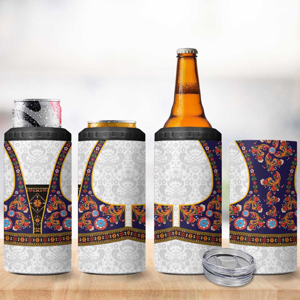 Norwegian Female Bunad 4 in 1 Can Cooler Tumbler with Rosemaling Folk Art Navy Color - Wonder Print Shop
