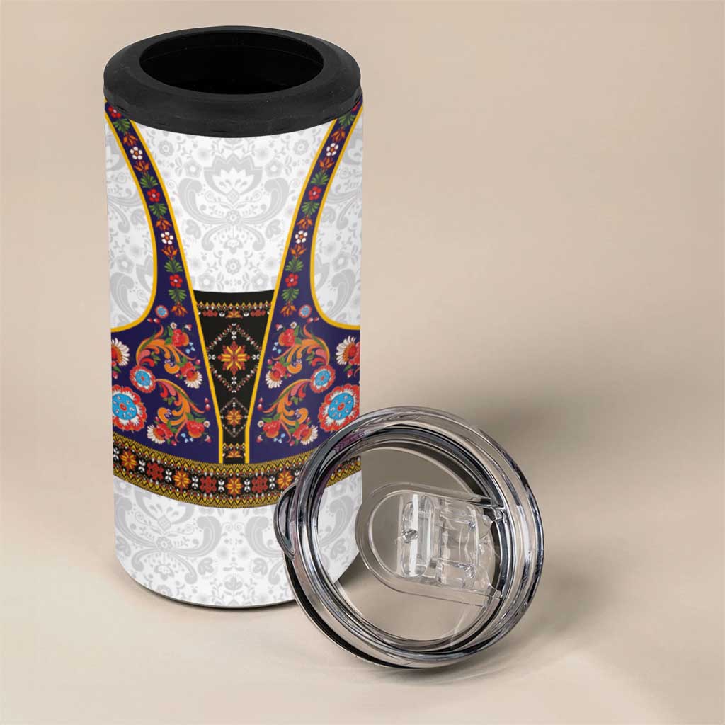 Norwegian Female Bunad 4 in 1 Can Cooler Tumbler with Rosemaling Folk Art Navy Color - Wonder Print Shop