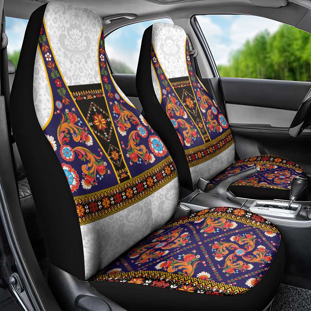 Norwegian Female Bunad Car Seat Cover with Rosemaling Folk Art Navy Color - Wonder Print Shop