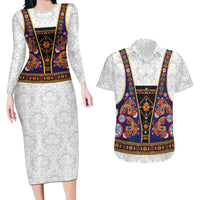 Norwegian Female Bunad Couples Matching Long Sleeve Bodycon Dress and Hawaiian Shirt with Rosemaling Folk Art Navy Color - Wonder Print Shop