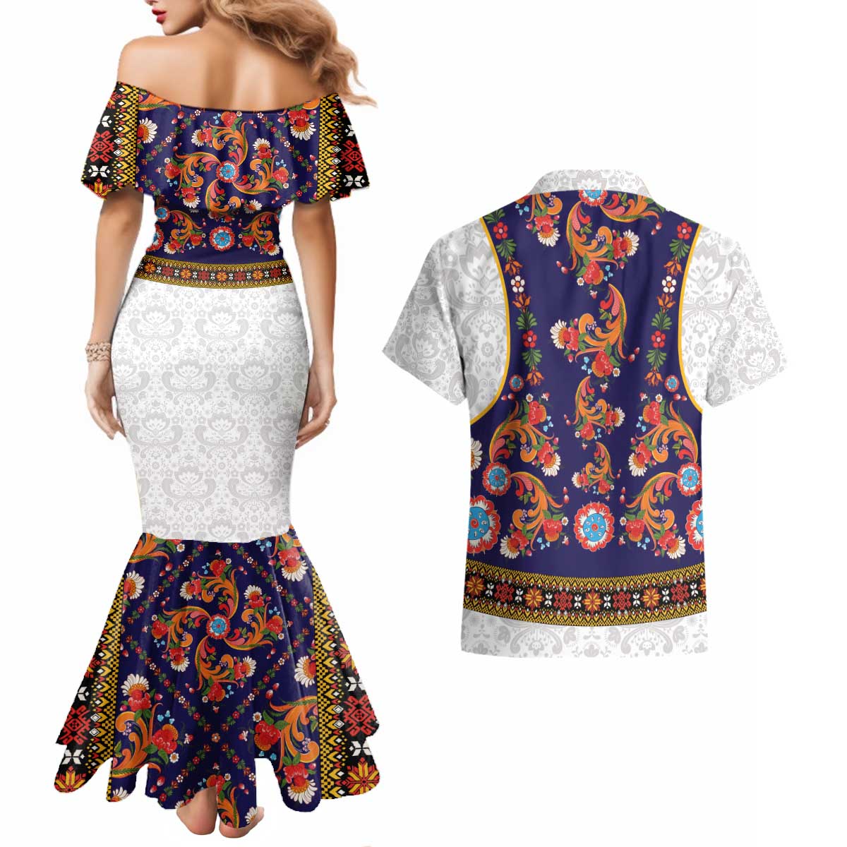 Norwegian Female Bunad Couples Matching Mermaid Dress and Hawaiian Shirt with Rosemaling Folk Art Navy Color - Wonder Print Shop