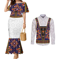 Norwegian Female Bunad Couples Matching Mermaid Dress and Long Sleeve Button Shirt with Rosemaling Folk Art Navy Color - Wonder Print Shop