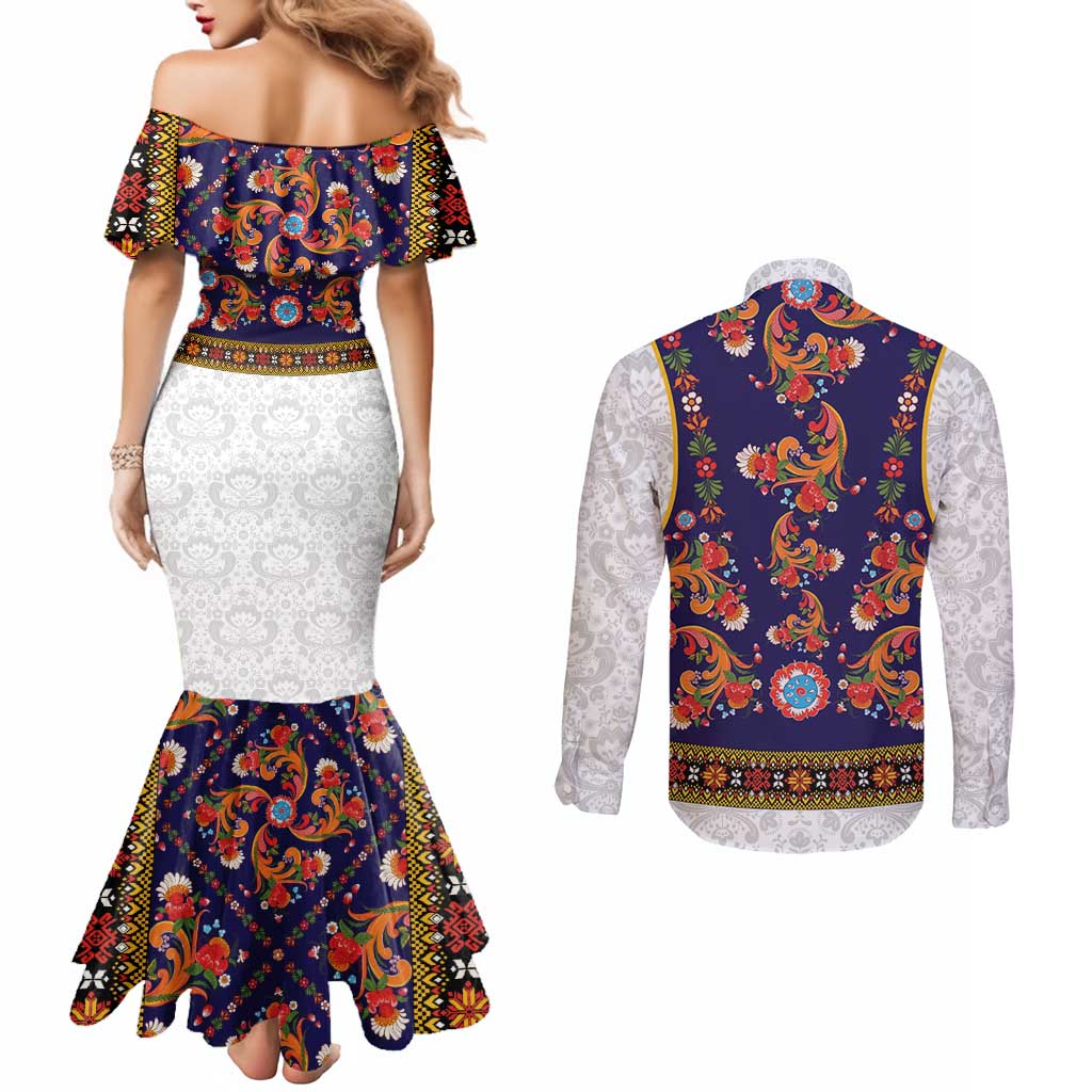 Norwegian Female Bunad Couples Matching Mermaid Dress and Long Sleeve Button Shirt with Rosemaling Folk Art Navy Color - Wonder Print Shop