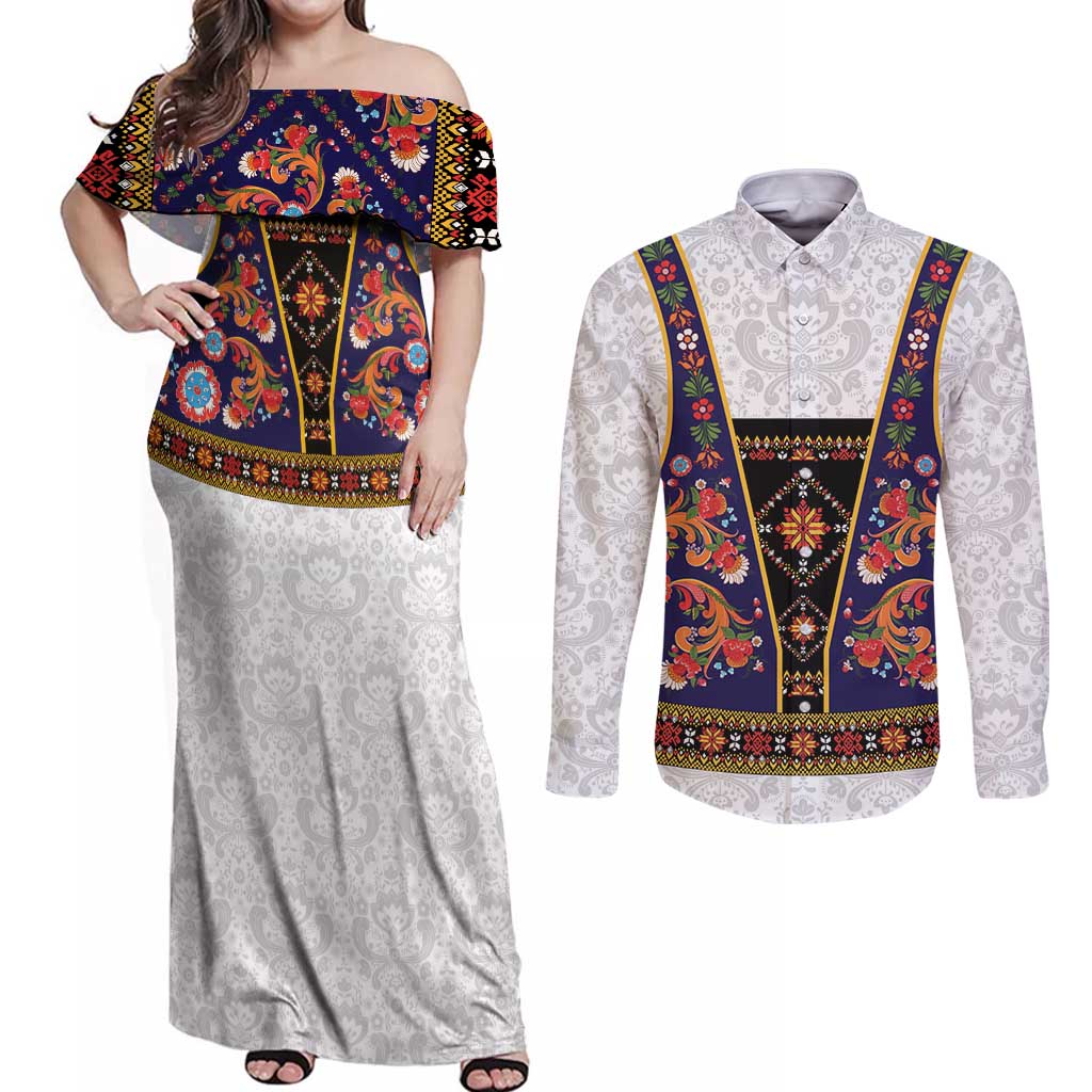 Norwegian Female Bunad Couples Matching Off Shoulder Maxi Dress and Long Sleeve Button Shirt with Rosemaling Folk Art Navy Color - Wonder Print Shop