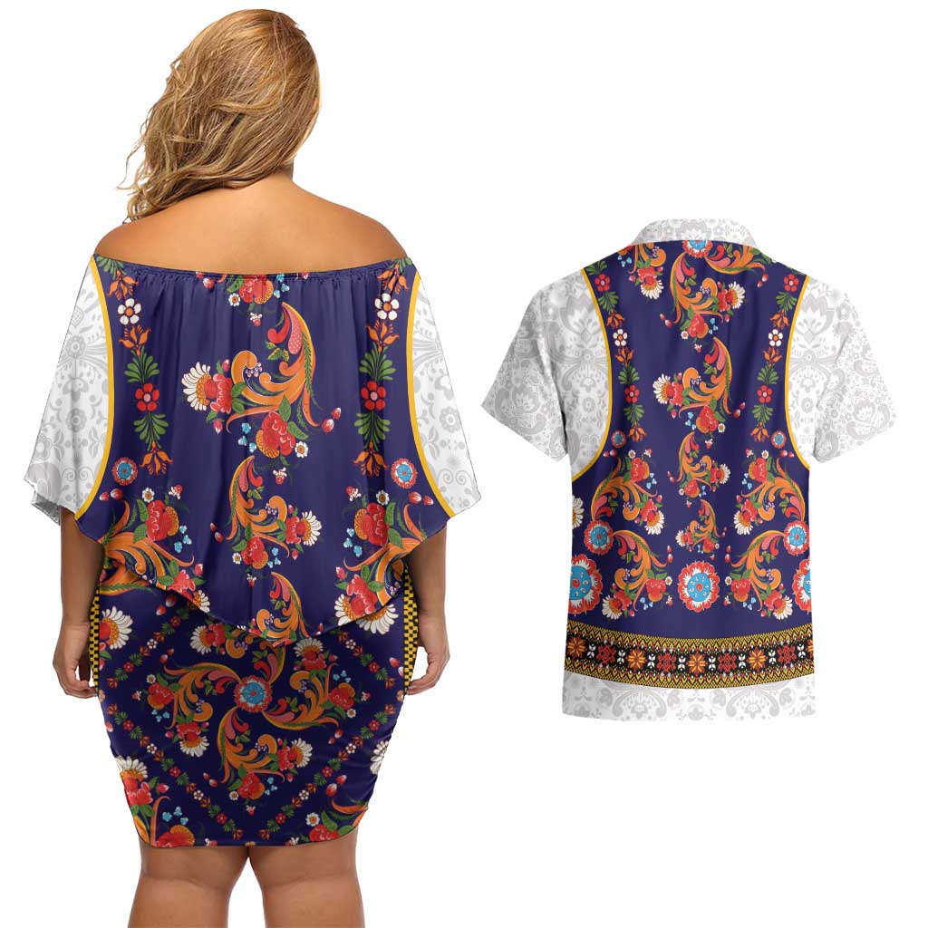 Norwegian Female Bunad Couples Matching Off Shoulder Short Dress and Hawaiian Shirt with Rosemaling Folk Art Navy Color - Wonder Print Shop