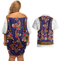 Norwegian Female Bunad Couples Matching Off Shoulder Short Dress and Hawaiian Shirt with Rosemaling Folk Art Navy Color - Wonder Print Shop