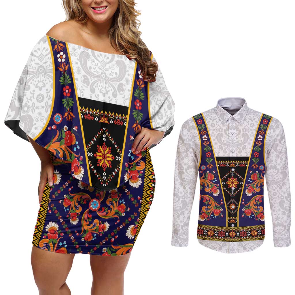Norwegian Female Bunad Couples Matching Off Shoulder Short Dress and Long Sleeve Button Shirt with Rosemaling Folk Art Navy Color - Wonder Print Shop