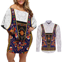 Norwegian Female Bunad Couples Matching Off Shoulder Short Dress and Long Sleeve Button Shirt with Rosemaling Folk Art Navy Color - Wonder Print Shop