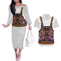 Norwegian Female Bunad Couples Matching Off The Shoulder Long Sleeve Dress and Hawaiian Shirt with Rosemaling Folk Art Navy Color - Wonder Print Shop