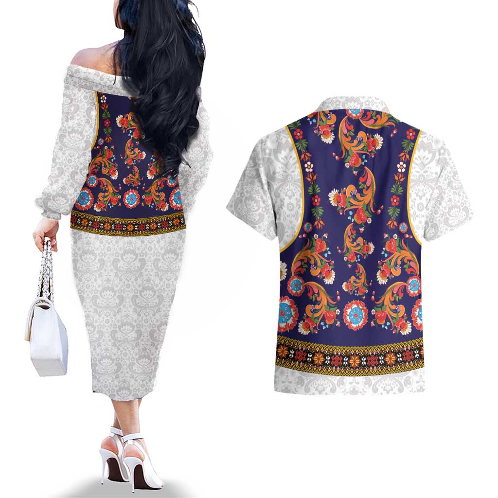 Norwegian Female Bunad Couples Matching Off The Shoulder Long Sleeve Dress and Hawaiian Shirt with Rosemaling Folk Art Navy Color - Wonder Print Shop
