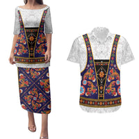 Norwegian Female Bunad Couples Matching Puletasi and Hawaiian Shirt with Rosemaling Folk Art Navy Color - Wonder Print Shop