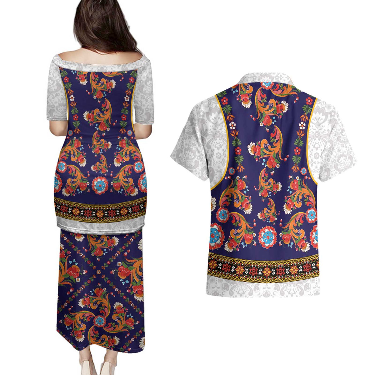 Norwegian Female Bunad Couples Matching Puletasi and Hawaiian Shirt with Rosemaling Folk Art Navy Color - Wonder Print Shop