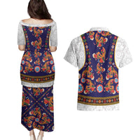 Norwegian Female Bunad Couples Matching Puletasi and Hawaiian Shirt with Rosemaling Folk Art Navy Color - Wonder Print Shop