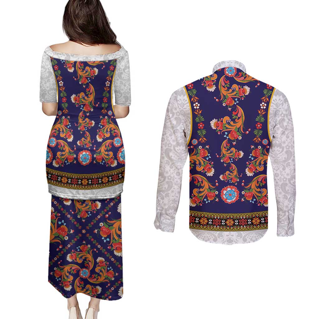 Norwegian Female Bunad Couples Matching Puletasi and Long Sleeve Button Shirt with Rosemaling Folk Art Navy Color - Wonder Print Shop