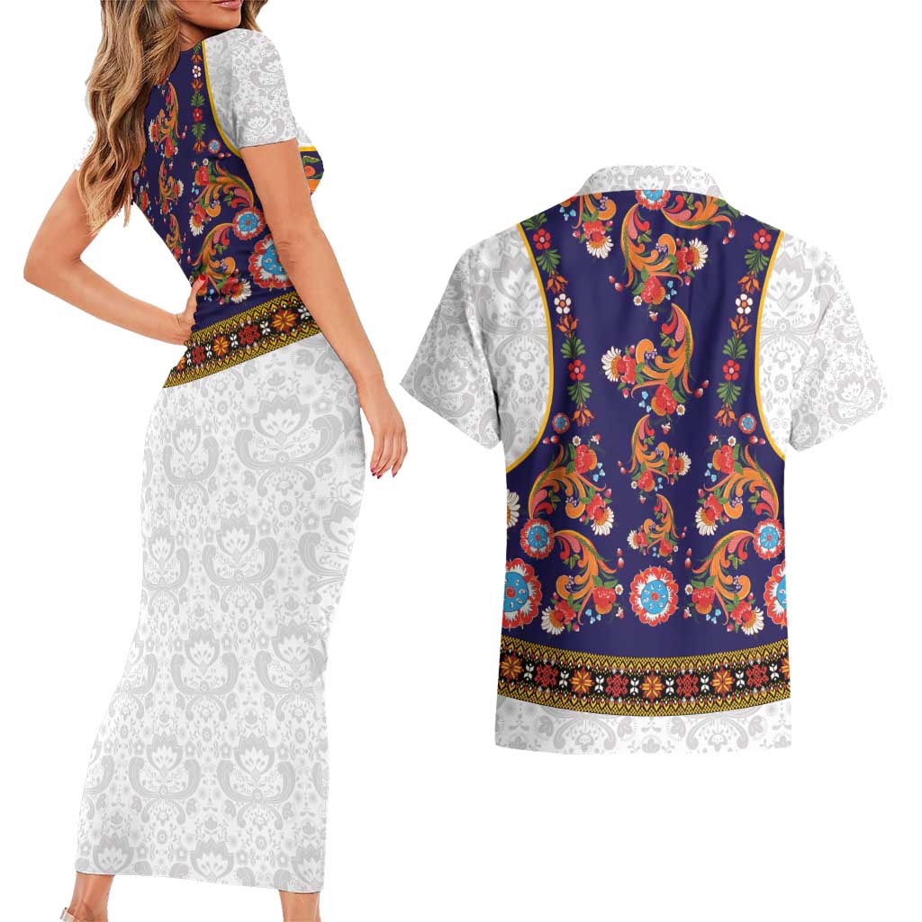 Norwegian Female Bunad Couples Matching Short Sleeve Bodycon Dress and Hawaiian Shirt with Rosemaling Folk Art Navy Color - Wonder Print Shop