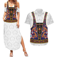 Norwegian Female Bunad Couples Matching Summer Maxi Dress and Hawaiian Shirt with Rosemaling Folk Art Navy Color - Wonder Print Shop