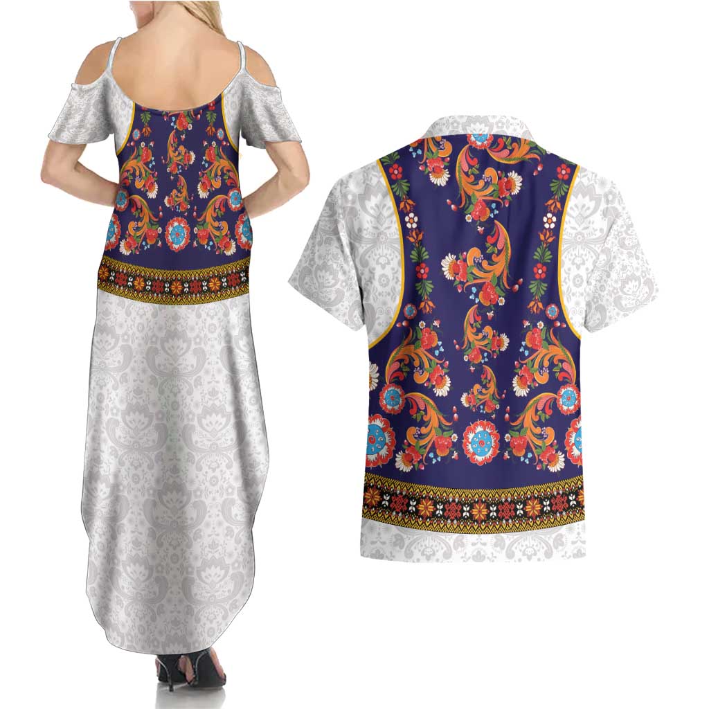 Norwegian Female Bunad Couples Matching Summer Maxi Dress and Hawaiian Shirt with Rosemaling Folk Art Navy Color - Wonder Print Shop