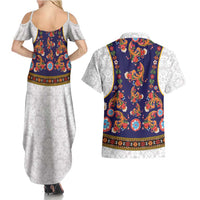 Norwegian Female Bunad Couples Matching Summer Maxi Dress and Hawaiian Shirt with Rosemaling Folk Art Navy Color - Wonder Print Shop