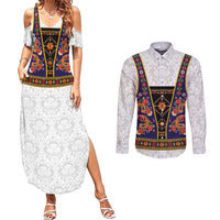 Norwegian Female Bunad Couples Matching Summer Maxi Dress and Long Sleeve Button Shirt with Rosemaling Folk Art Navy Color - Wonder Print Shop